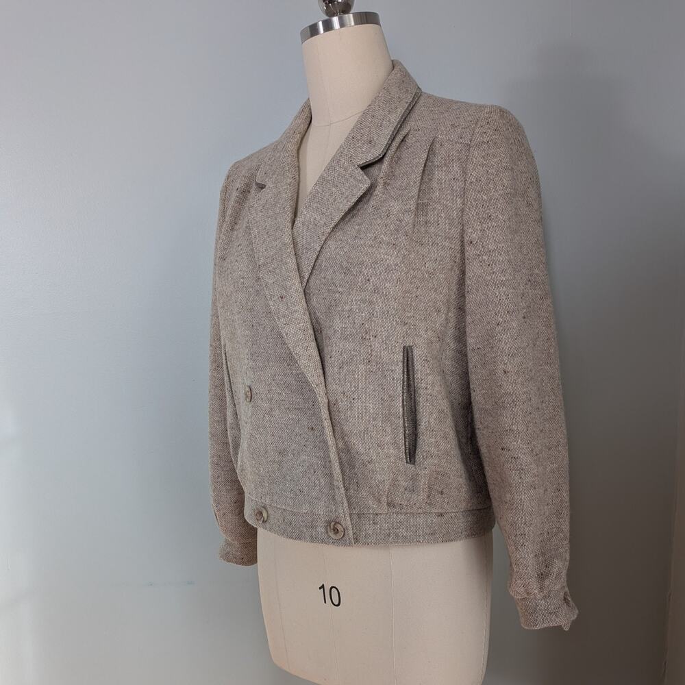 Vintage Wool Blazer Jacket 14 Tan Beige Tweed Double Breasted 80S Uk Cropped - Picture 5 of 15